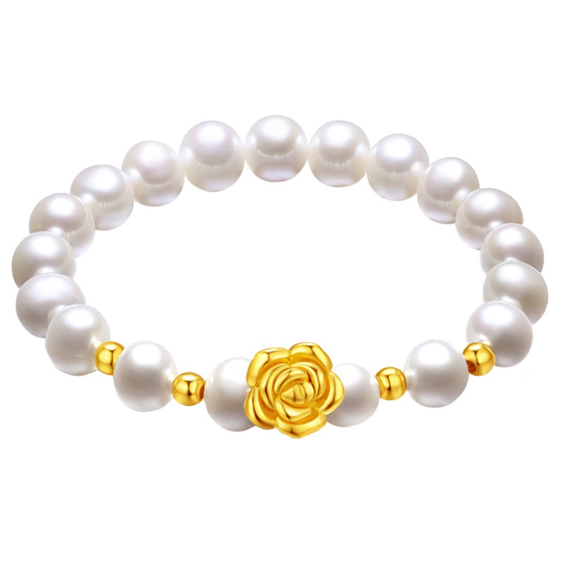 蒂蔻 时尚玫瑰花黄金手链女款足金白色珍珠手串3D硬金首饰品母亲节生日礼物送女士