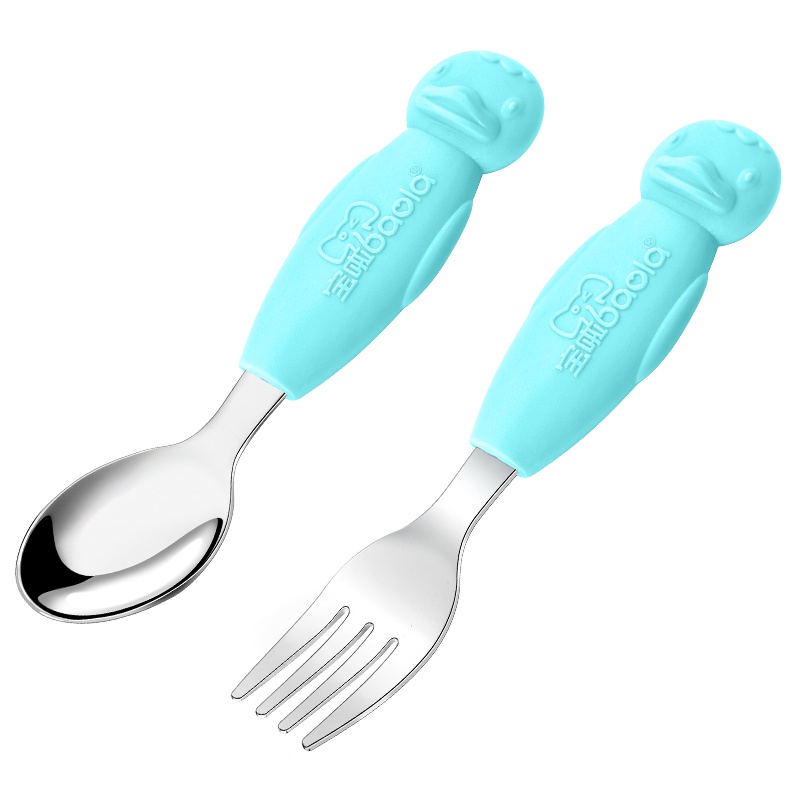 宝啦母婴婴幼儿童餐具不锈钢叉勺 儿童卡通小萌鸭水果叉辅食饭勺 宝宝外出便携叉勺盒----3068小萌鸭勺晴空(送汽车盒)