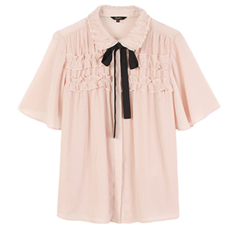 【专柜同款】拉夏贝尔夏季新款学院风清新立领蝴蝶结荷叶袖纯色雪纺衬衫30092076