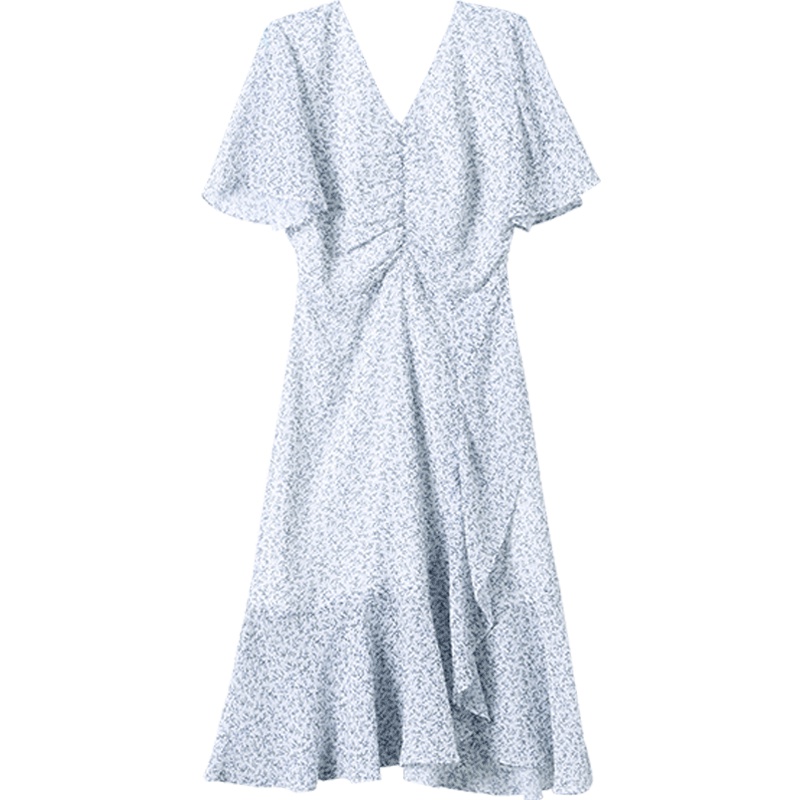 OSA欧莎碎花雪纺连衣裙2019新款夏收腰显瘦小清新v领裙子女气质