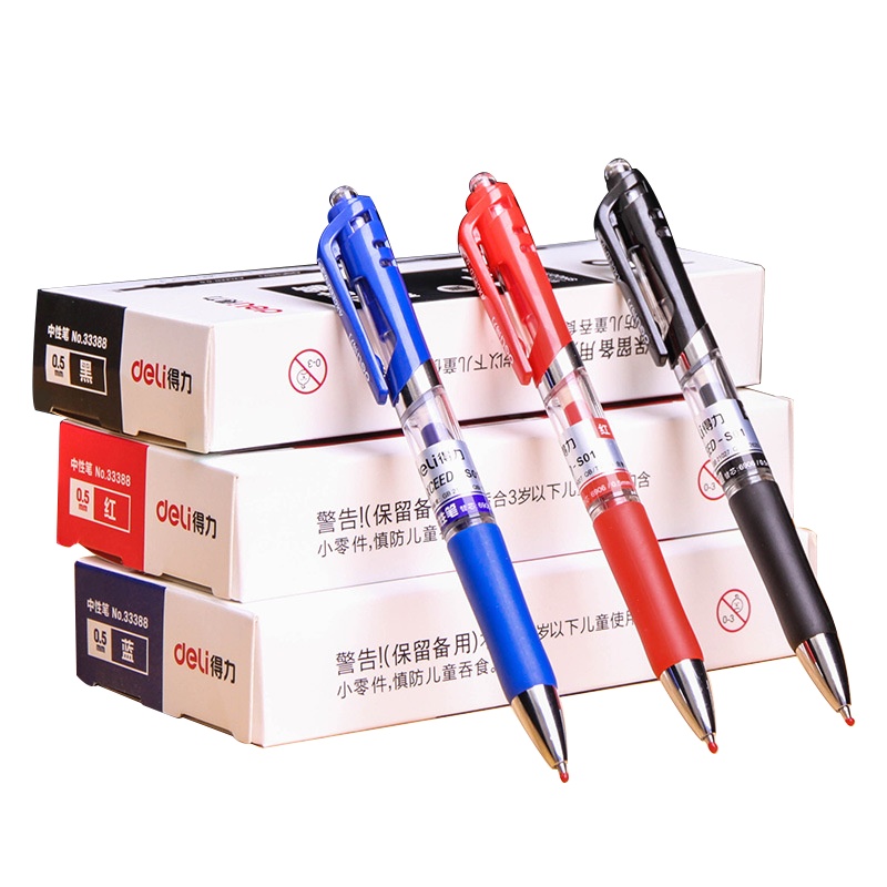 得力(deli)按动中性笔0.5mm办公签字笔3色顺滑书写/超大容量红蓝黑单支整盒12支学生文具按动笔