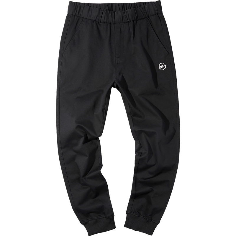 黑鲸弹力抽绳休闲裤秋季男装刺绣装饰直筒长裤男CKCAJ38098A