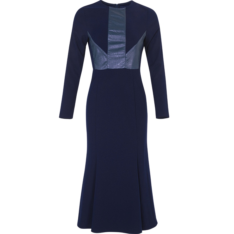 晚白2021春季新品时尚修身显瘦纯色圆领长袖包臀鱼尾裙连衣裙女