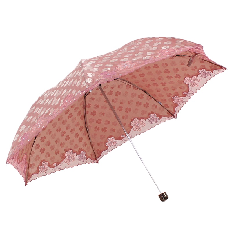 天堂伞 情满阳光贴纱缀亮片三叶花三折绣花铅笔晴雨伞 暗橙 33211E