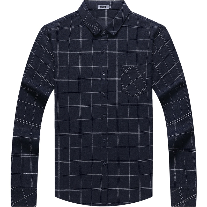 恒源祥长袖衬衫男新款春装上衣休闲格子衬衫中年男士混纺衬衣