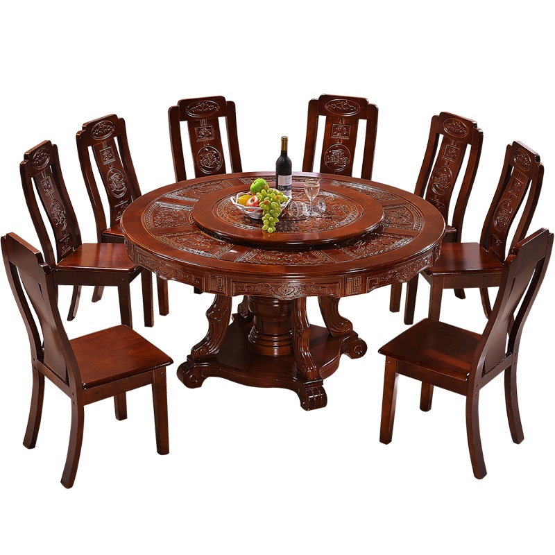 艺可恩全实木餐桌椅组合圆形带转盘橡木中式大圆桌饭店吃饭桌子家用餐桌