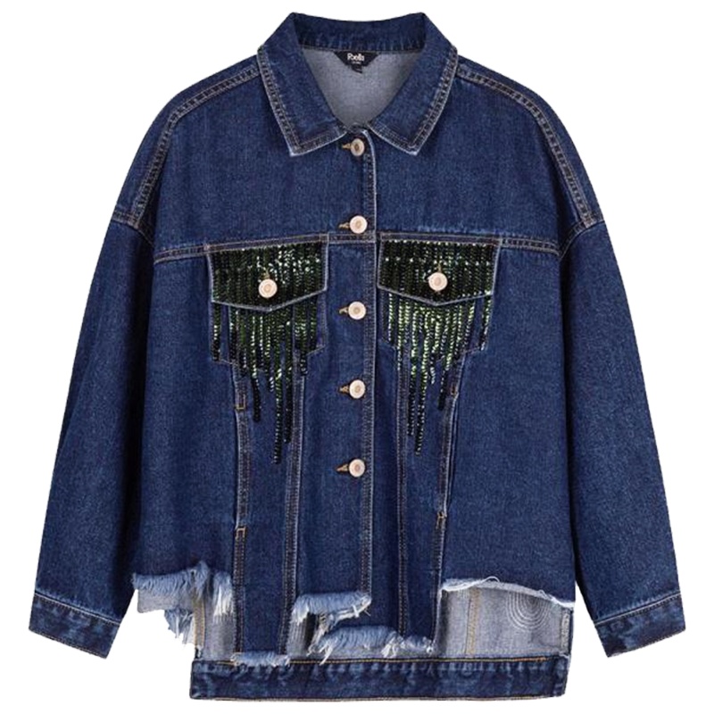 【热卖】牛仔网红外套女新款韩版宽松bf亮片不规则短款毛边夹克潮20011702
