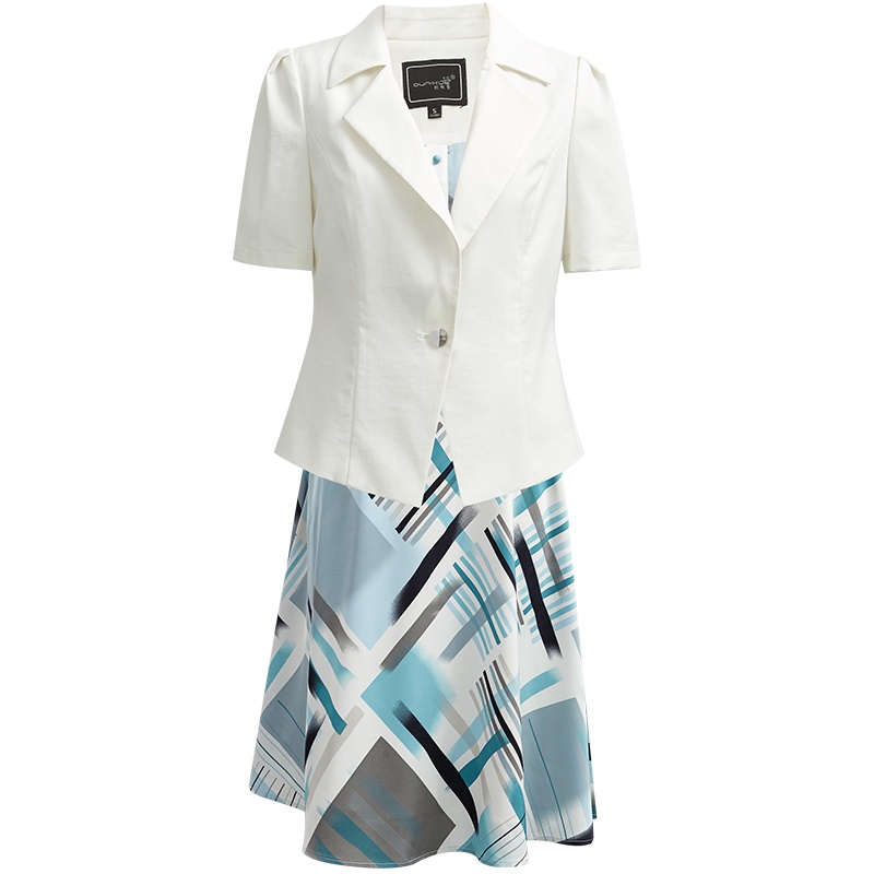 欧昵雪夏装时尚短袖西装套装裙女印花吊带连衣裙两件套