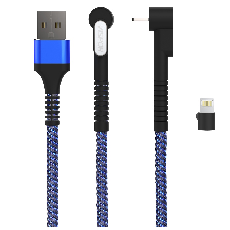 [追剧充电神器]ASPOR 苹果接口支架数据线 手机充电线1米 手机快充2.4A电源线 黑蓝色 尼龙耐折不易断 以换代修