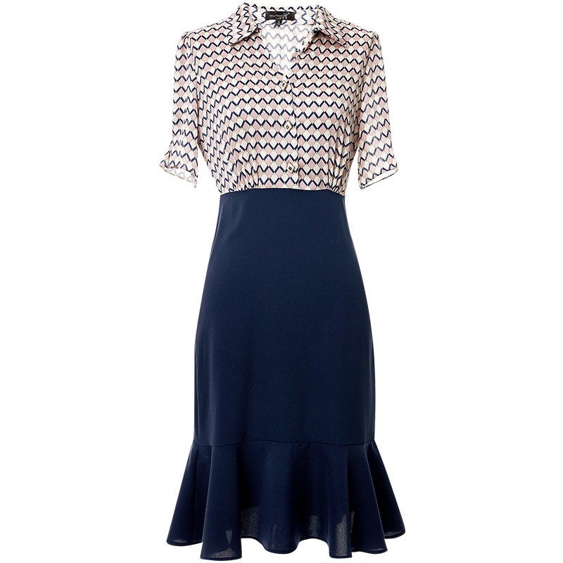 欧昵雪夏季半开领菱格衬衫拼接高腰鱼尾连衣裙女假两件