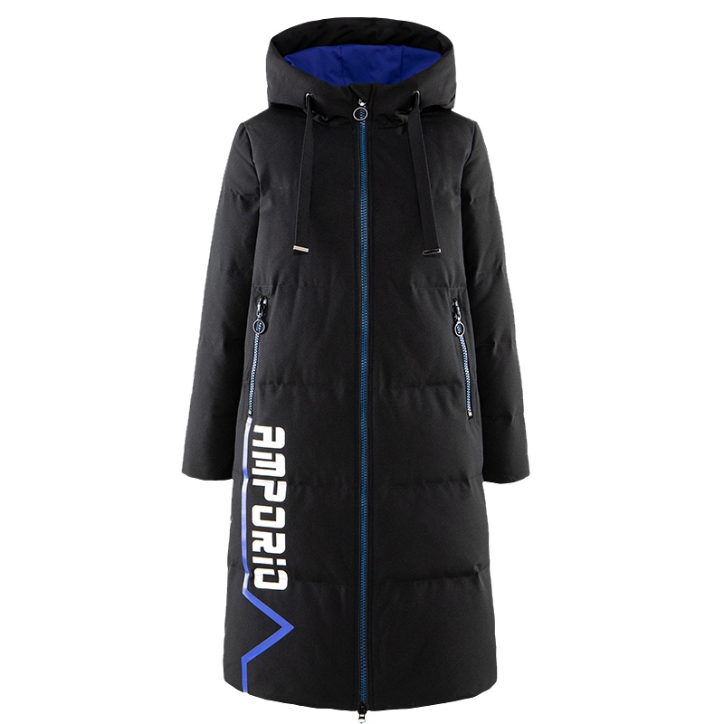 : 雪中飞女士中长款羽绒服2019冬季时尚百搭撞色印花连帽保暖防寒服