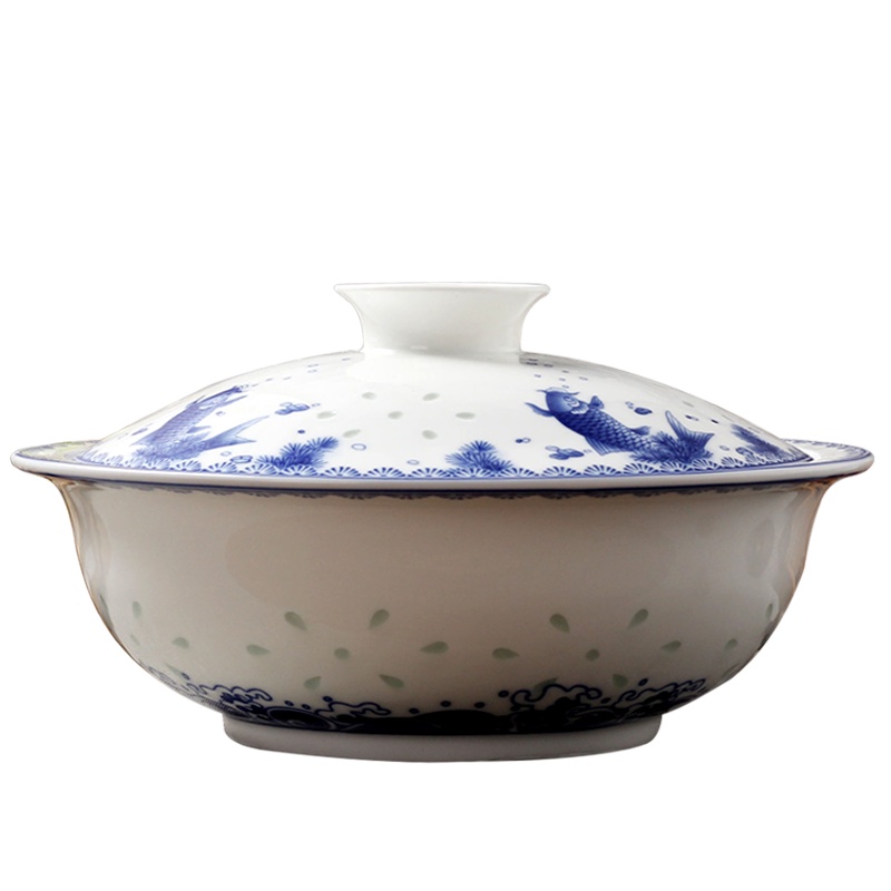 景德镇陶瓷大汤碗青花玲珑年年有余品锅带盖碗中式釉中彩餐具优品 23.5x12厘米(含盖)