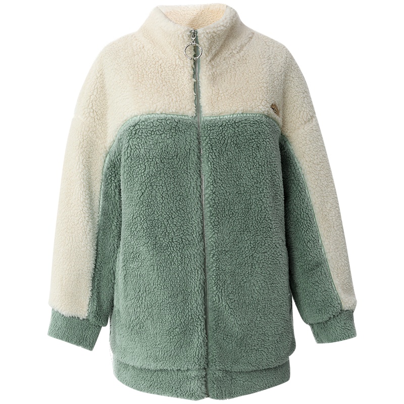 OUNIXUE欧昵雪 | [保暖羊羔毛裥棉大衣]冬季高领拼接织带中长款宽松外套女