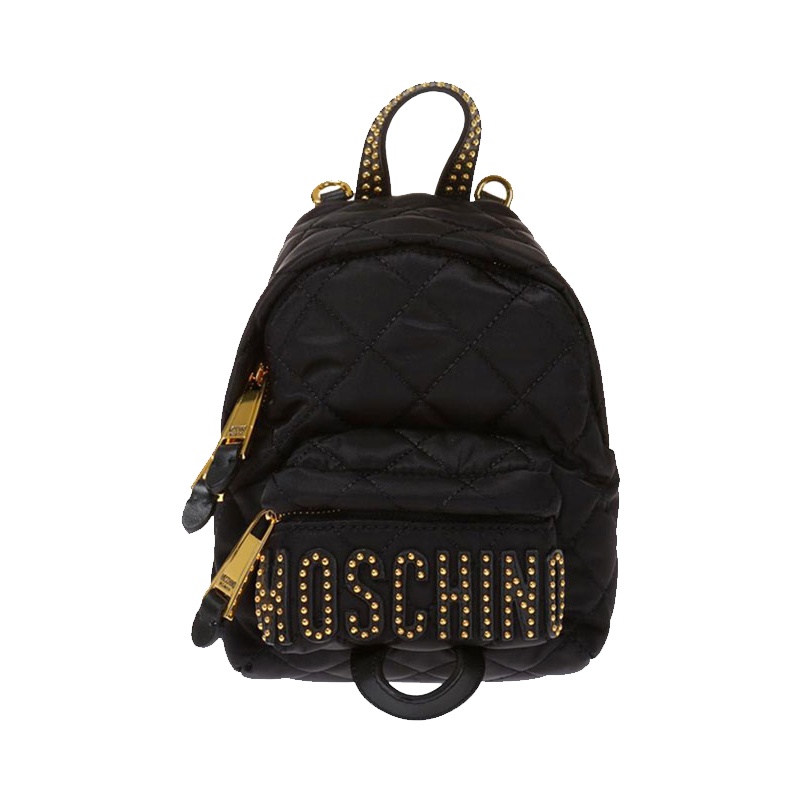香港直邮 MOSCHINO莫斯奇诺 黑色菱形格字母铆钉尼龙迷你双肩背包女士