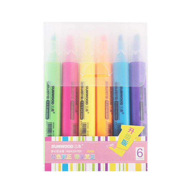 三木5506荧光笔记号笔彩色 笔记粗划重点 套装荧光标记笔 学生用彩色银光的笔按动彩色笔可擦笔 一套6支装