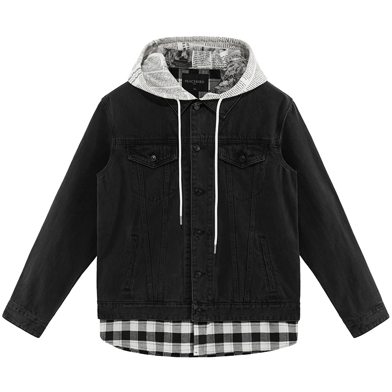 太平鸟男装 冬季新款格纹拼接夹克宽松连帽茄克纯棉长袖外套#