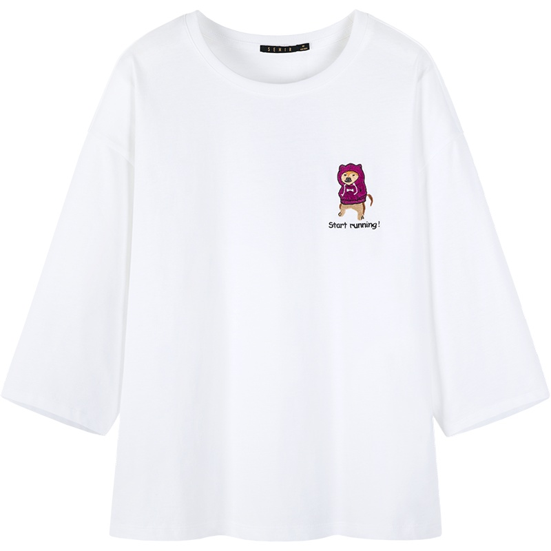 Semir森马中长款t恤女2019秋季新款纯棉白色t恤女中袖刺绣韩版宽松上衣