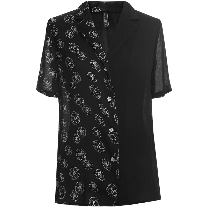 欧昵雪通勤知性衬衣夏气质翻领印花拼接直筒短袖衬衫女