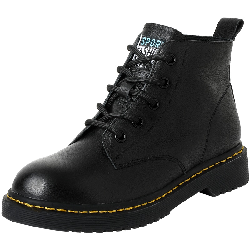 百田森马丁靴女增高小个子冬季新款真皮百搭英伦风平底短靴女