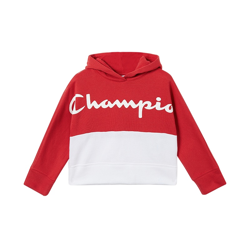 Champion/冠军男女童接拼混纺加绒连帽套头衫经典logo图案高端儿童卫衣/帽衫