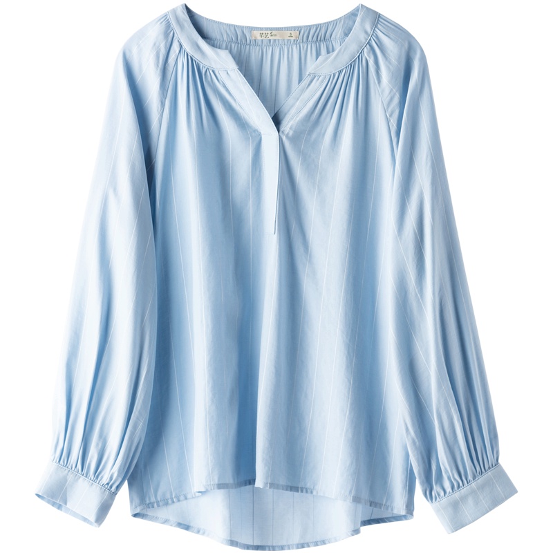 芊艺气质灯笼袖衬衫女秋装2019新款韩版宽松条纹长袖衬衣10529