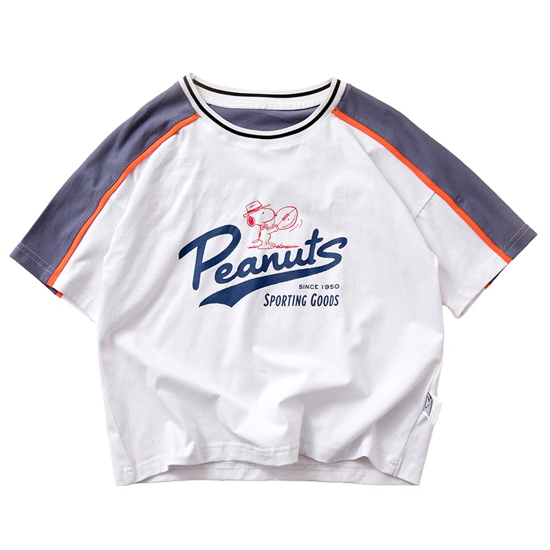 史努比个性撞色拼接纯棉儿童短袖T恤圆领韩版童装夏季男童半袖女童运动休闲学生小孩卡通宝宝上衣KR019T