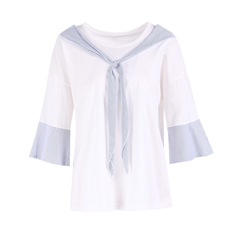 晚白2019夏季新品百搭休闲宽松圆领系带蝴蝶结喇叭袖T恤衫上衣女