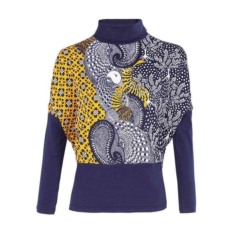 晚白 新品宽松蝙蝠袖堆堆领复古风印花长袖套头衬衫