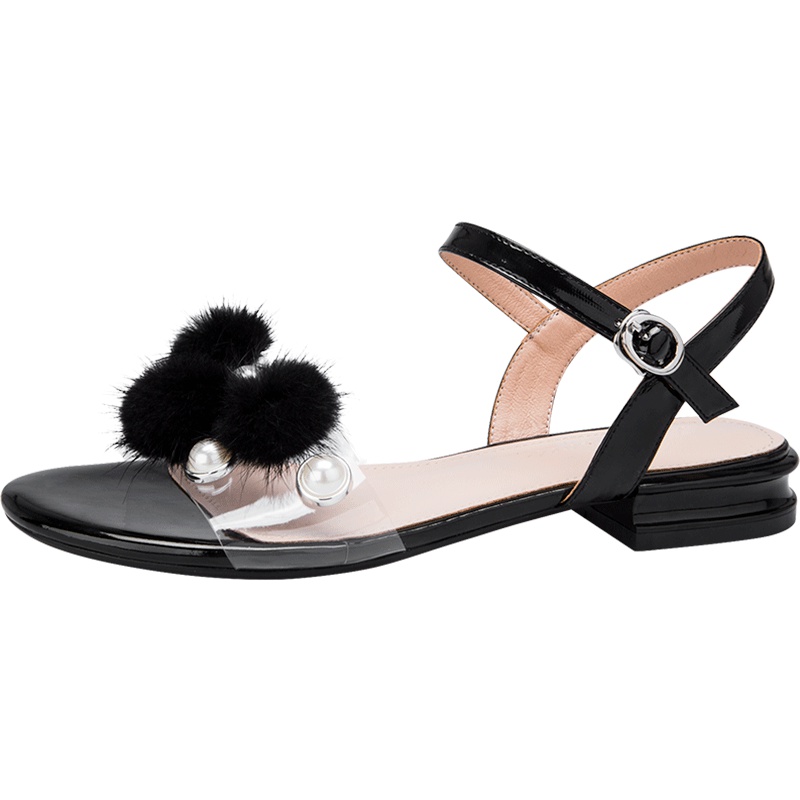 阿么凉鞋女露趾低跟时尚毛毛球温柔仙女风学生一字扣带百搭平底鞋