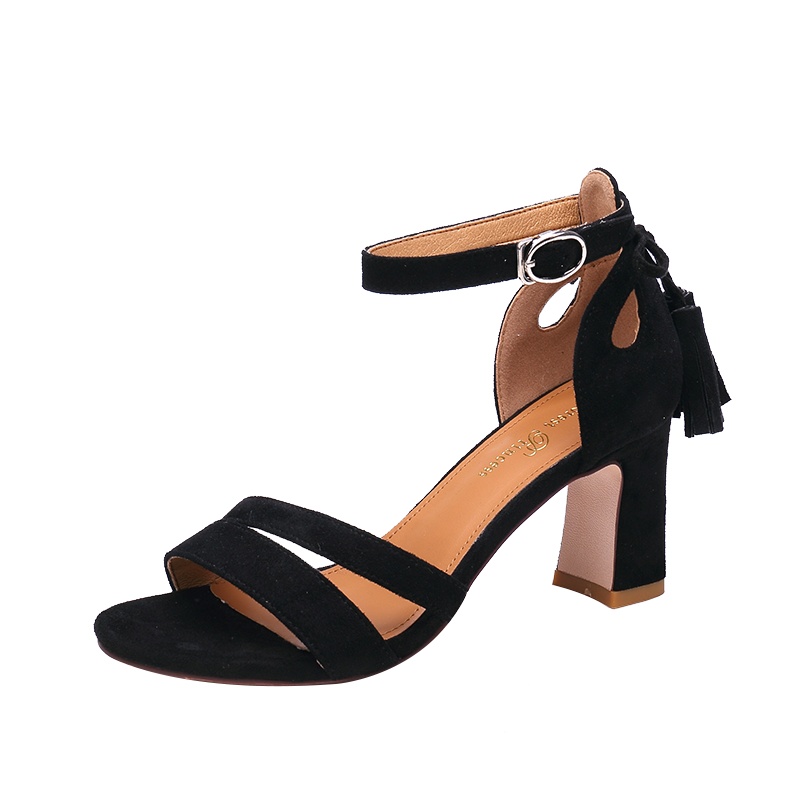 森林公主凉鞋女夏新品韩版优雅粗跟凉鞋高跟鞋百搭流苏通勤女鞋