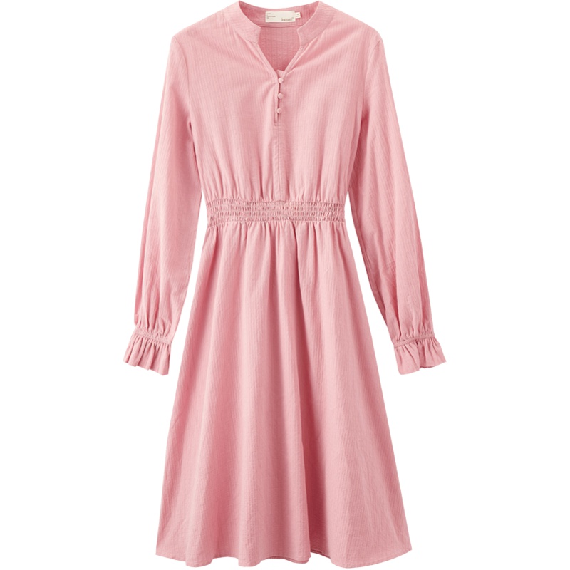 茵曼2019秋季新款文艺纯棉v领连衣裙收腰显瘦系带气质少女a字超仙