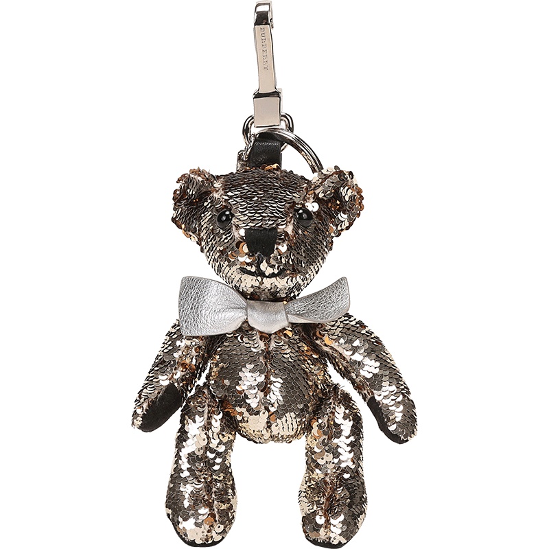 BURBERRY 博柏利 男女通用款银色亮片拼皮革THOMAS泰迪熊钥匙扣吊饰 80064751