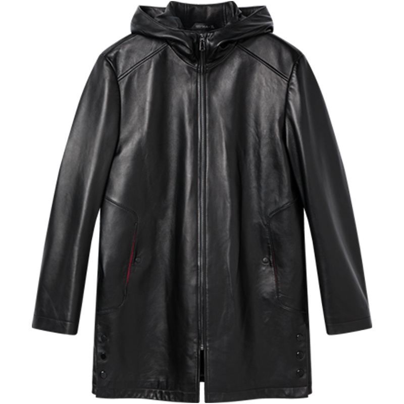 柒牌SEVEN男装皮衣2019秋冬中长款真皮连帽上衣休闲商务男士大衣