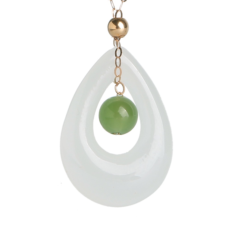 印象眸 18k金镶玉和田玉吊坠女 玫瑰金镶白玉水滴形18k金项链一体链 送证书