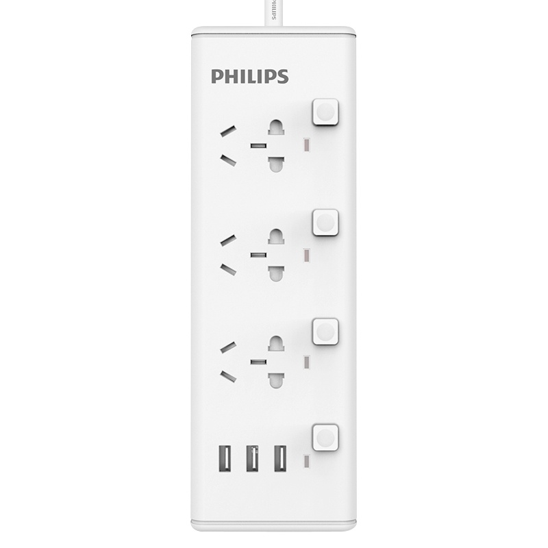 飞利浦(Philips)SPS2312E/93三位+3USB分控开关全长1.8米智能家居插排新国标带保护门插座接线板白色