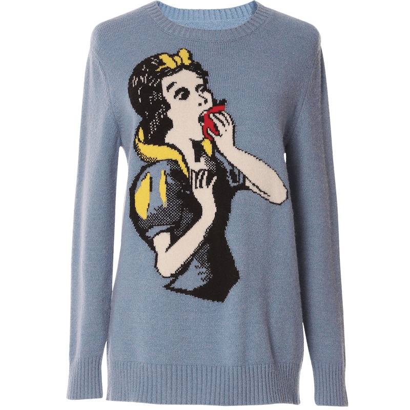 欧昵雪秋冬季圆领趣味人物印花宽松针织衫女长袖套头毛衣