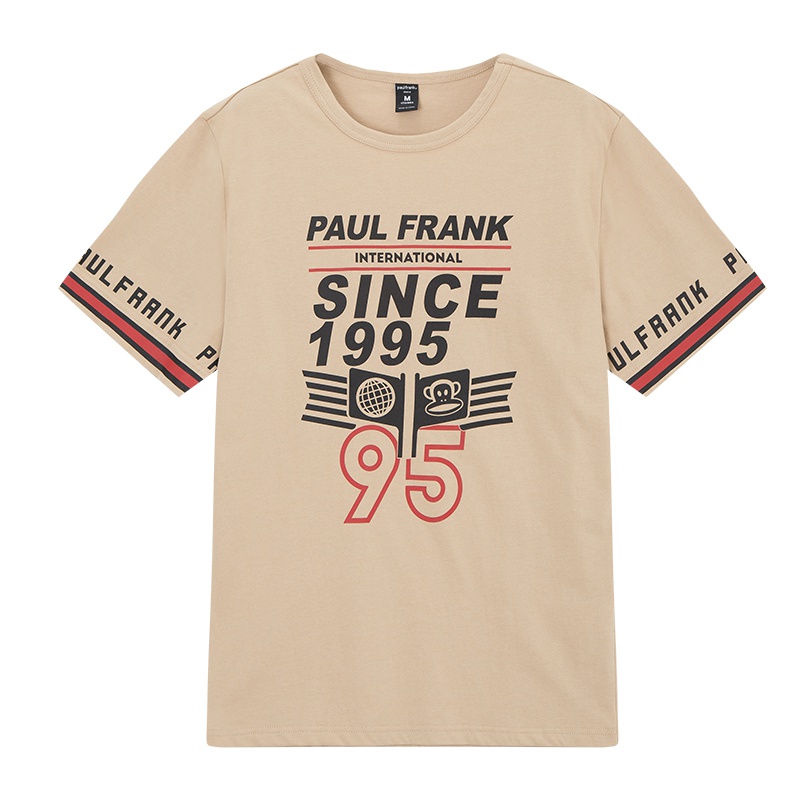 Paul Frank/大嘴猴夏季新款短袖T恤男卡其色字母印花上衣潮