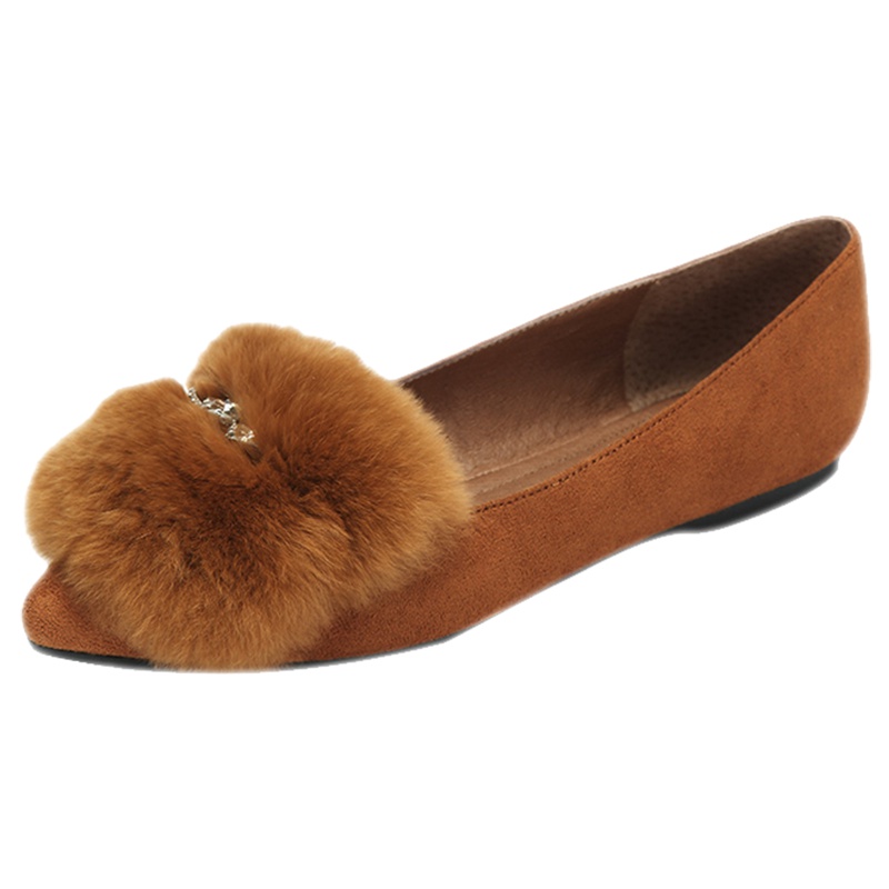 达芙妮新款尖头浅口兔毛钻饰平底女单鞋