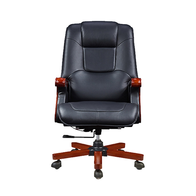 【理政】办公椅 木质四脚带滚轮老板椅 转椅 办公椅 皮椅 电脑椅 黑色西皮