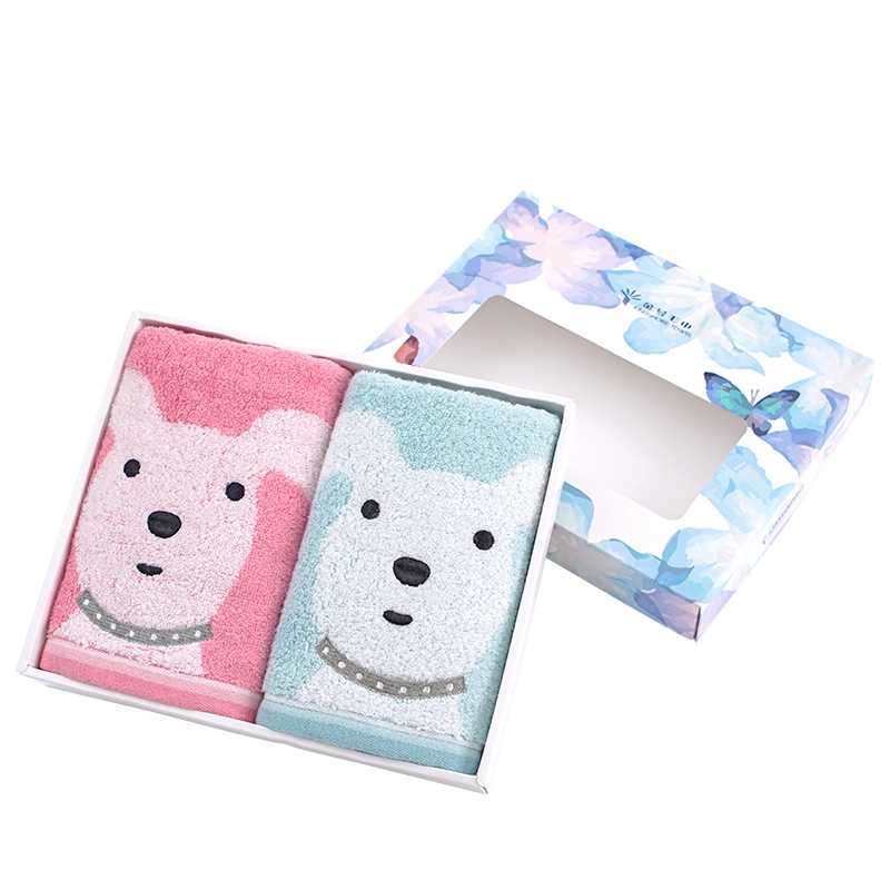 金号A类纯棉卡通小狗童巾小毛巾两条装礼盒 T1080WAH高档礼盒 柔软舒适 居家生活 节日送礼 吸水耐用