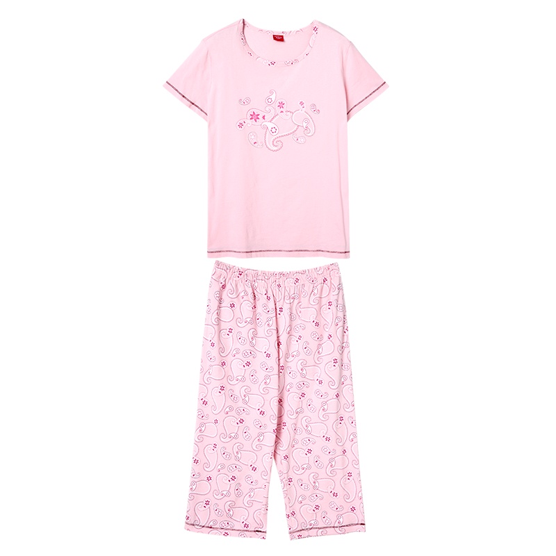 雪仙丽纯棉情侣睡衣女夏季短袖圆领运动休闲家居服男士套装可外穿