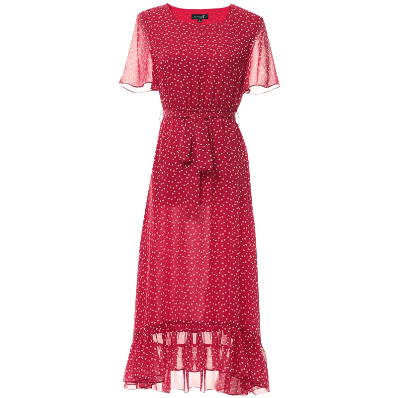 欧昵雪夏季圆领拼接荷叶袖收腰爱心雪纺连衣裙女中长裙子