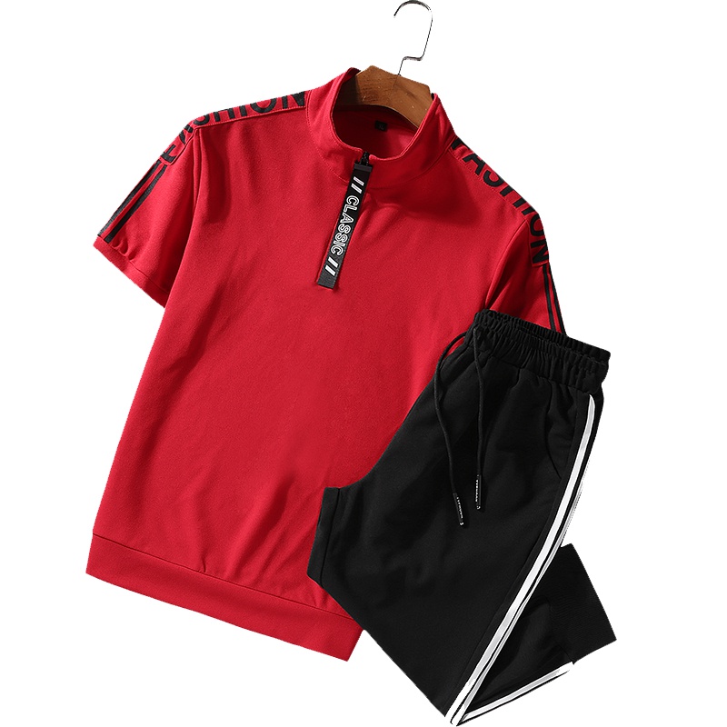 稻草人(Mexican) ins原宿风夏季运动套装男士T恤bf韩版学生装短袖立领两件套