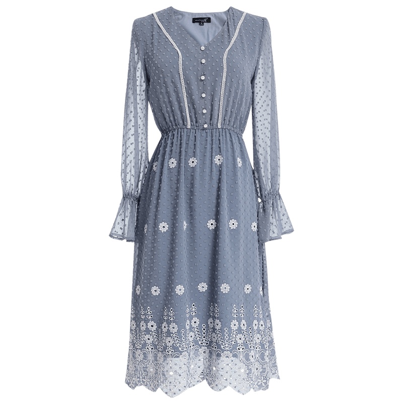 欧昵雪气质V领收腰镂空绣花连衣裙女喇叭短袖中裙子