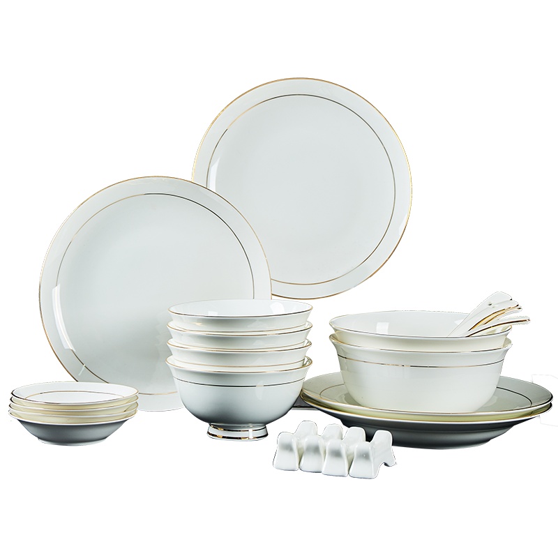 富昱景 景德镇陶瓷餐具 欧式骨瓷碗碟家用金边餐具套装碗盘组合 21件雅逸