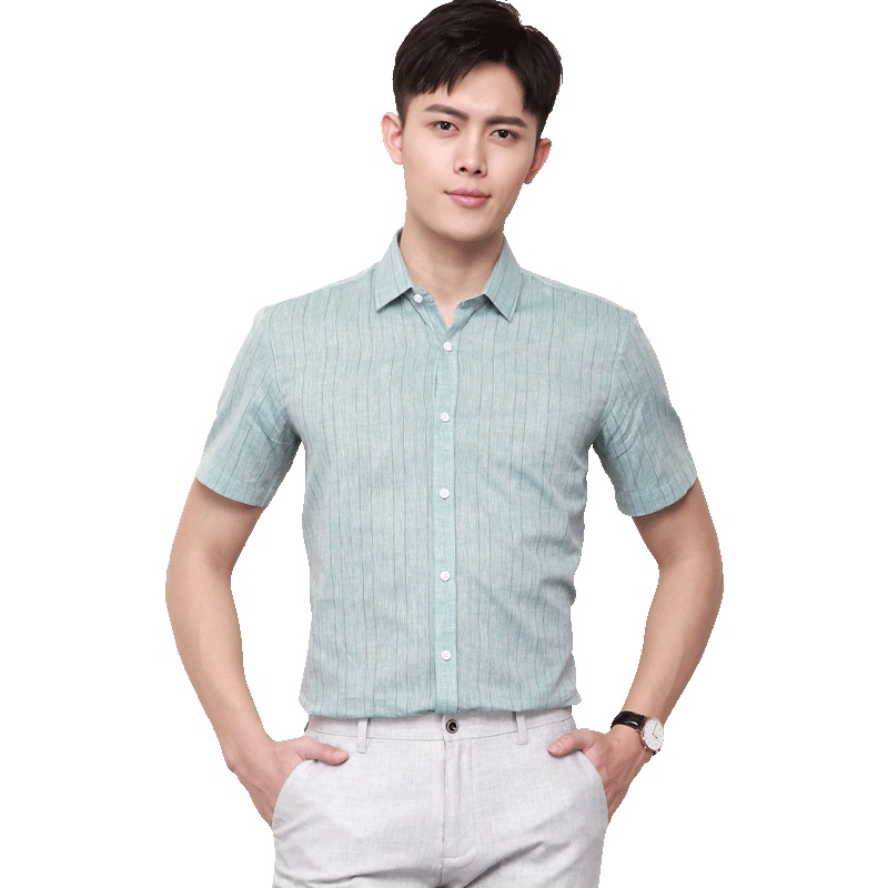 HODO红豆男装男士短袖衬衫 夏季男士商务休闲条纹修身棉麻短袖衬衫男