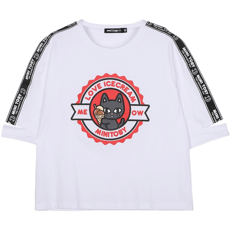 a02新款2020时尚卡通印花织带拼接镂空宽松短袖T恤女潮DTV2C0401KT