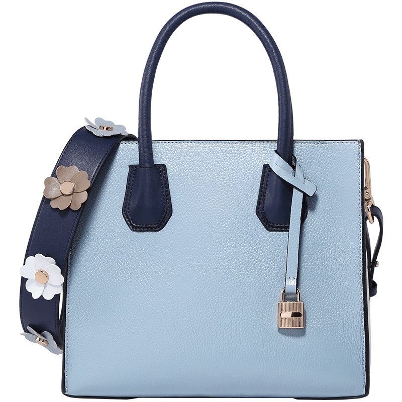 真皮女包时尚潮款花朵宽肩带锁头包简约方包手提包单肩斜挎包 小号