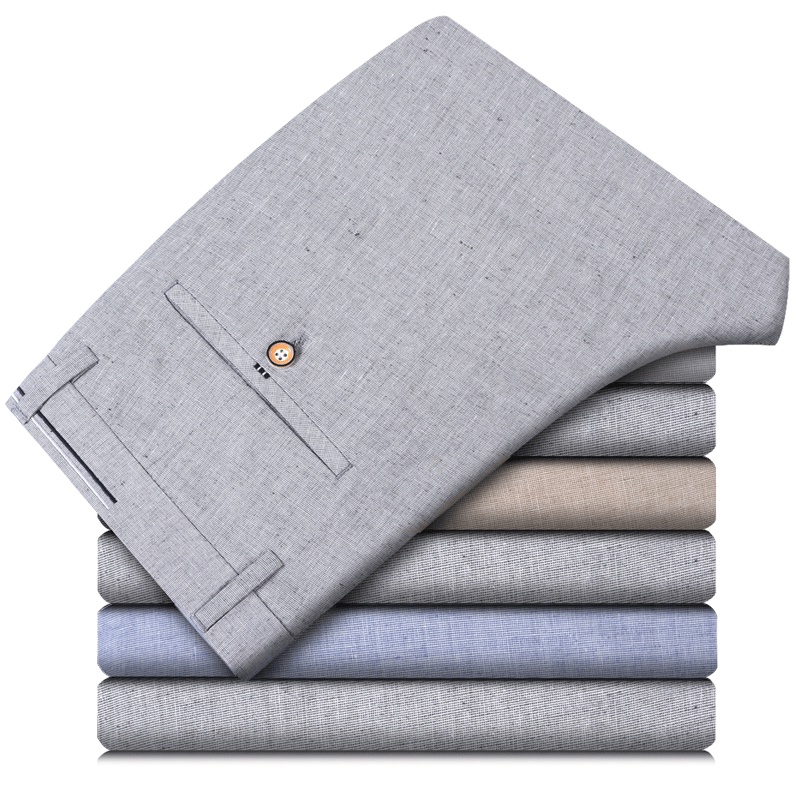 FORTEI富铤 休闲裤男夏季男士修身亚麻直筒裤薄款商务休闲长裤子男