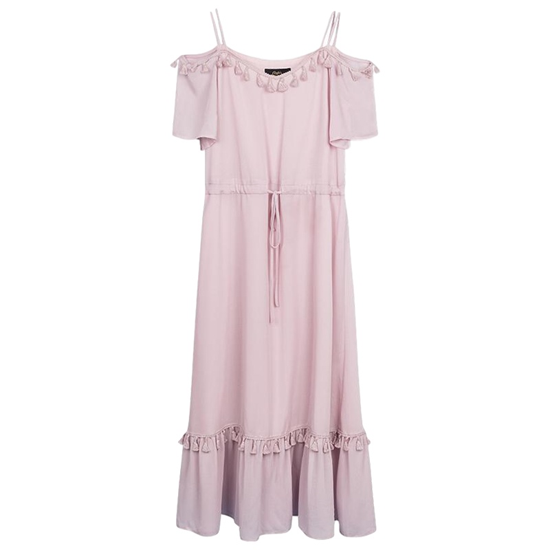 拉夏贝尔连衣裙女夏季新款韩版度假收腰荷叶边露肩吊带小清新中长裙子_955 L 浅粉